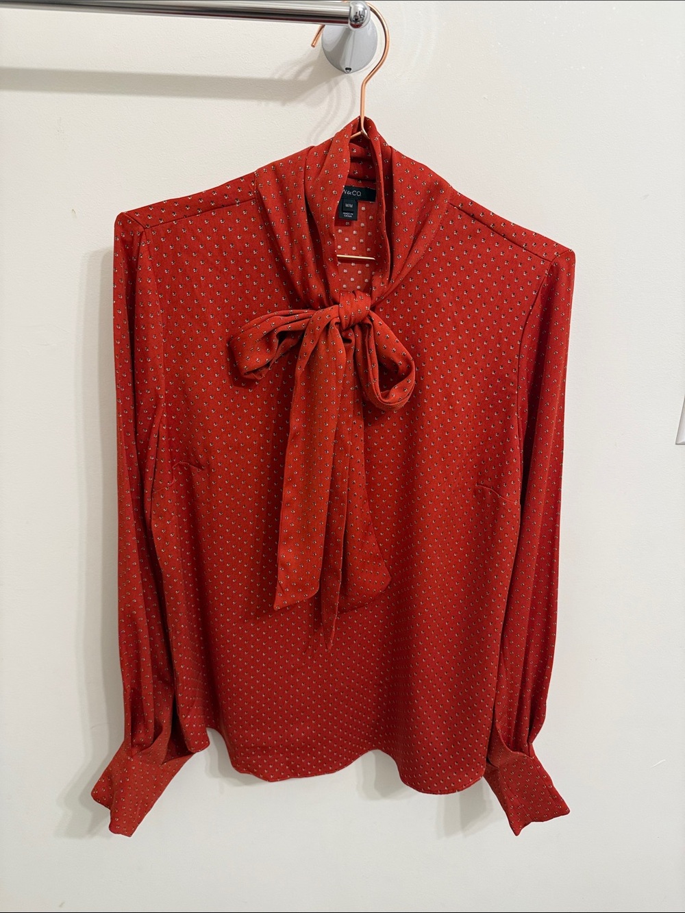 RW&CO. Orange Dot Print Blouse with Tie Accent